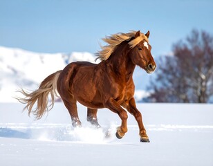 A majestic equine with a flowing mane charges across a snow-covered landscape on a bright, sunny day, mountains in the background