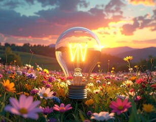A large lightbulb glows brightly, set in a field of colorful wildflowers, under a vibrant sunset with mountains