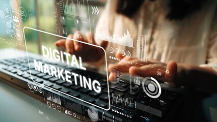 Hands Typing on Keyboard with Digital Marketing Graphics Showing Analytics and Strategies for...