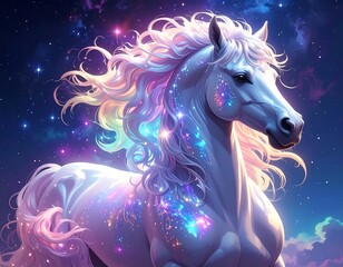 A majestic equine with a luminescent coat and mane, shimmering against a cosmic backdrop of nebulas and sparkling stars