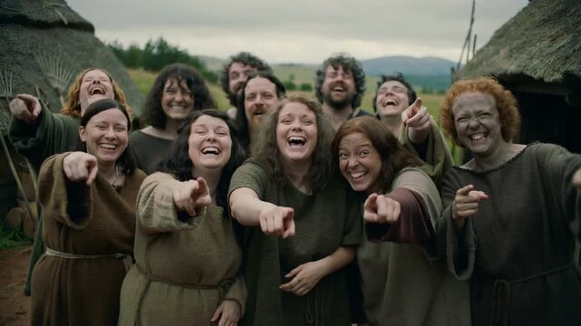 Villageois rieurs pointant du doigt en ext&eacute;rieur