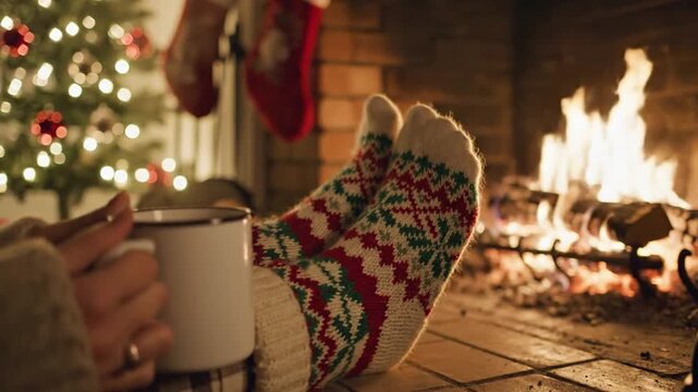 Cozy Christmas scene: Feet in festive socks by a warm fireplace and Christmas tree