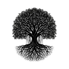 Black silhouette of a tree with sprawling roots and branches. © pixel*