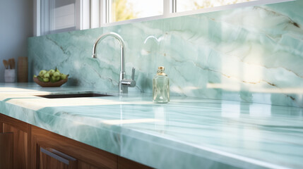 Stunning aqua onyx marble countertop reflects natural light, enhancing kitchen elegance and tranquility. smooth surface complements wooden