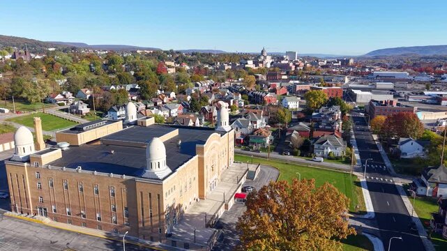 PENNSYLVANIA - 11.10.2025 - Excellent aerial footage circling towards the Jaffa Shrine Center in Altoona, Pennsylvania.