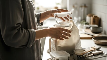 Conscious Choice-Back view of a person placing reusable containers into a cloth bag, gentle motion blur, neutral colors, hopeful sustainable living emotion
