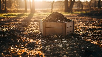 Grounded Outdoors-Wide outdoor composting scene with soil, leaves, wooden container, warm sunlight, grounded and hopeful sustainability emotion.