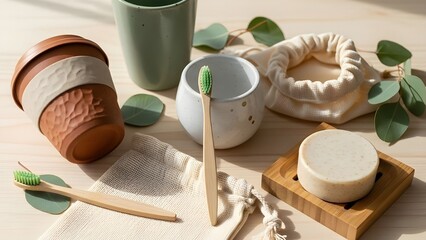 Calm with Life-Earth-tone zero waste items with subtle fresh green accent, tactile materials, natural light, calm yet uplifting emotional tone.