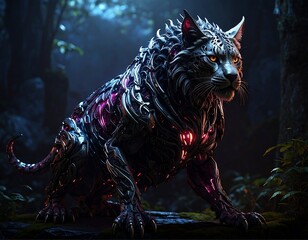 A majestic feline, armored and glowing, poised within a shadowy forest. Its eyes gleam with intensity