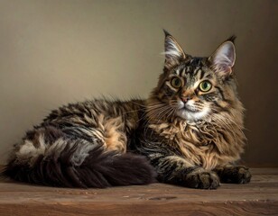 A majestic feline, posed casually. Its long, fluffy coat displays intricate patterns. The creature is resting on wood