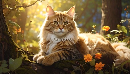 A majestic feline with long, flowing fur relaxes on a mossy branch, bathed in golden sunlight filtering through the trees