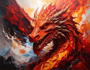 A majestic, fiery dragon emerges, engulfed in flames and smoke. Its detailed scales gleam, eyes intense, wings spread ready to dominate