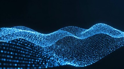A captivating abstract visualization of a digital data stream or energy flow composed of countless glowing blue particles forming an undulating wave against a deep dark background symbolizing advance. - Powered by Adobe