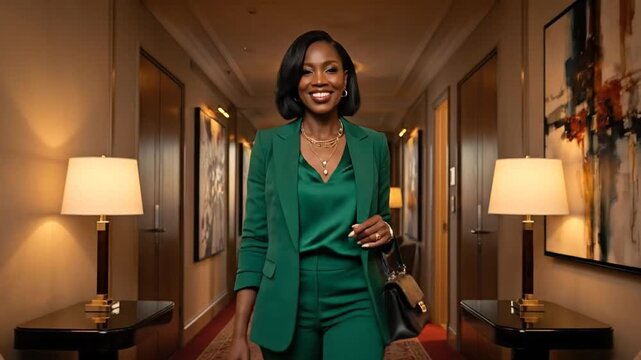 Confident Black Woman Walking in Luxury Hotel Corridor
