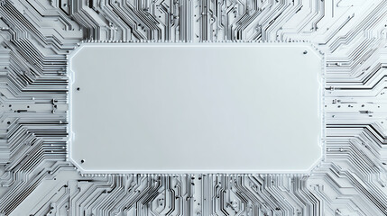 A blank white circuit board surrounded by intricate silver circuitry, symbolizing innovation and digital transformation.