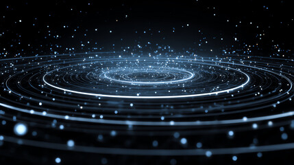 A mesmerizing visual of glowing particles creating circular patterns against a dark background, showcasing a cosmic feel.