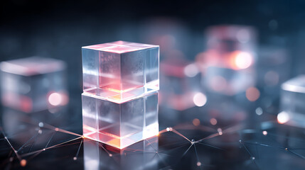 Abstract digital blocks with glowing edges, representing innovation and data storage in a futuristic environment.