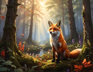 A majestic fox sits serenely in a sun-dappled forest, bathed in golden light, evoking a sense of calm