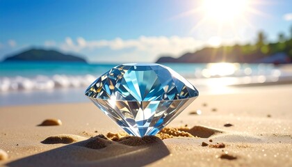 A large, multifaceted gemstone sparkles on golden sand. The crystal-clear diamond is contrasted by the turquoise water and bright sunlight