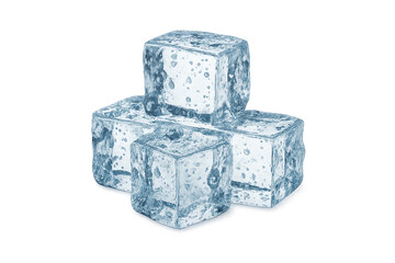 Four clear stacked ice cubes with visible bubbles and crystalline texture on a transparent background, conveying coldness, refreshment and beverage chilling