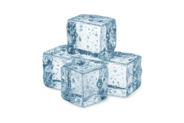 Four clear stacked ice cubes with visible bubbles and crystalline texture on a transparent background, conveying coldness, refreshment and beverage chilling