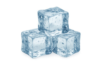 Three clear, translucent ice cubes stacked on a transparent background, showing glossy surfaces, bubbles and water droplets conveying cold, refreshment and crystalline texture