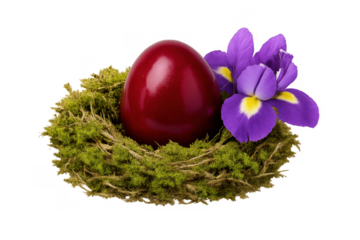 Red easter egg in moss nest with purple iris