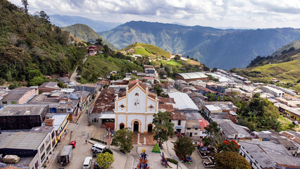 Guadalupe, Antioquia - Colombia. December 29, 2025. Panoramic drone view of the town's main church.