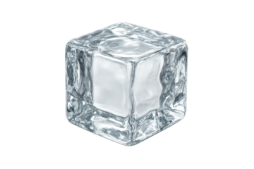 Photorealistic clear ice cube with glossy surfaces and slight melting, isolated on a transparent background