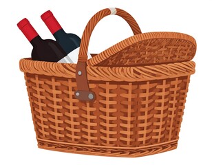 A large, open wicker basket holds two bottles of wine with red caps and labels. A handle arches over the top
