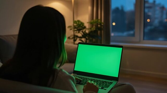 Young Woman Watching Laptop with Green Screen Display