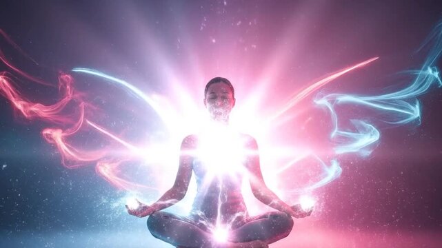 Woman Meditating in Spiritual Energy Light Splash