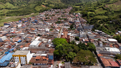 Supia, Caldas - Colombia. October 7, 2025. Panoramic drone view. Municipality located 82 km from Manizales.