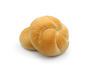 Freshly baked kaiser roll or Vienna roll, round wheat bun, isolated on white background