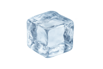 Single clear ice cube isolated on a transparent background, a cold transparent frozen cube with subtle texture, reflections, and a glossy icy surface