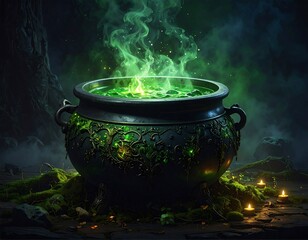 A large, ornate cauldron filled with glowing green liquid and swirling vapors sits in a mystical, shadowy forest