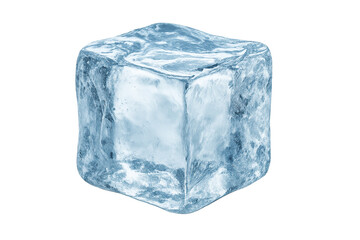 Fototapeta premium Single clear ice cube with blue tint on a transparent background, realistic frozen water cube showing translucent edges, textured surfaces and glossy highlights