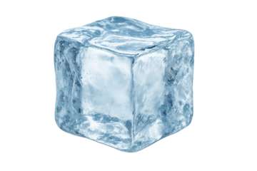 Single clear ice cube with blue tint on a transparent background, realistic frozen water cube showing translucent edges, textured surfaces and glossy highlights