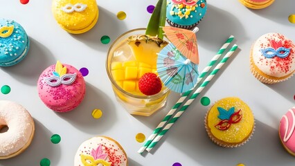 A colorful arrangement of sweet treats and refreshing drinks on a white table