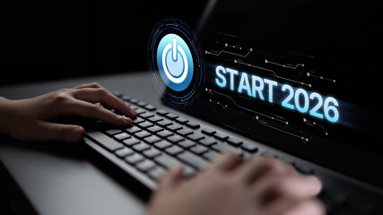 Start 2025 concept with futuristic power button symbolizing fresh beginnings, innovation, and digital transformation. Start 2025, new goals, and start 2025 initiative. Spline