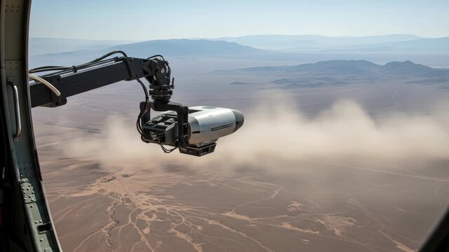 Helicopter with Gyro Stabilized Camera Filming Over Dusty Desert.