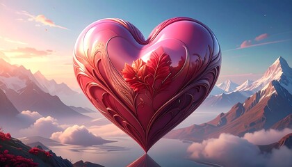 A large, ornate, crimson heart floats above a reflective surface, with mountains and sunset clouds in the background
