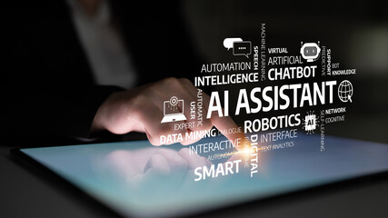 A close-up view of a hand using an interactive tablet showcasing various innovative terms related...