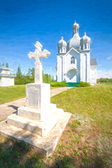 Oil color of a picturesque white church with onion domes stands under a vibrant blue sky. In the foreground, a white stone cross is prominently displayed.