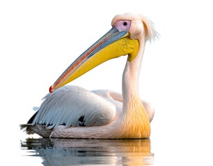 A large, pale-colored waterbird with a distinctive bill is depicted, resting on water with a pristine white background. The bird's form is reflected subtly