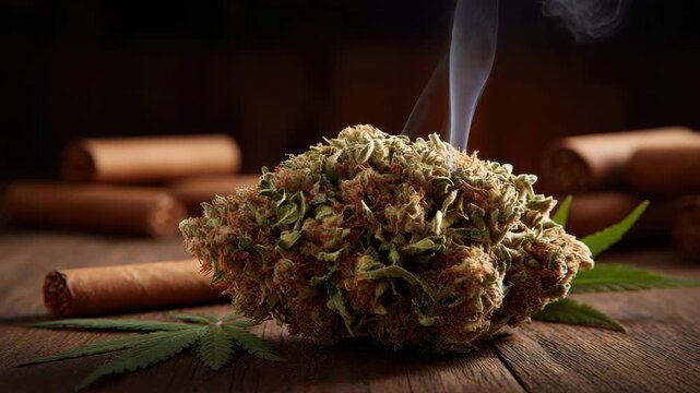 Dried smoked cannabis bud on wooden table with cigarillo and cigar, cannabis leaf and aromatic trichome resin textures, hemp marijuana bud smoked, smoke curling, aromatic earthy warm relaxed mood