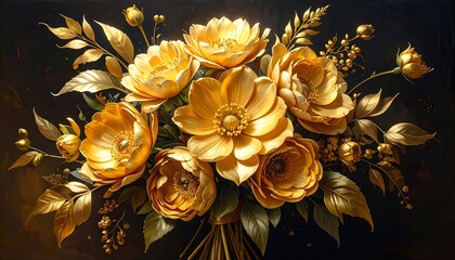 A luxurious close-up of a bouquet of golden flowers with detailed petals and delicate leaves against a dark background
