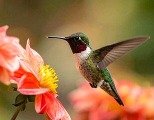 Fototapeta premium A hummingbird hovers in mid-air near an orange flower, its wings outstretched. The bird's feathers are detailed