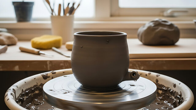 Potter shaping a clay cup on a spinning wheel in a studio with natural light - Powered by Adobe