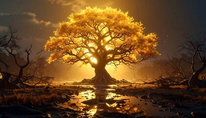 A majestic, golden tree glows intensely, casting light across a reflective pool. Surrounding are skeletal trees, set beneath a dramatic sky